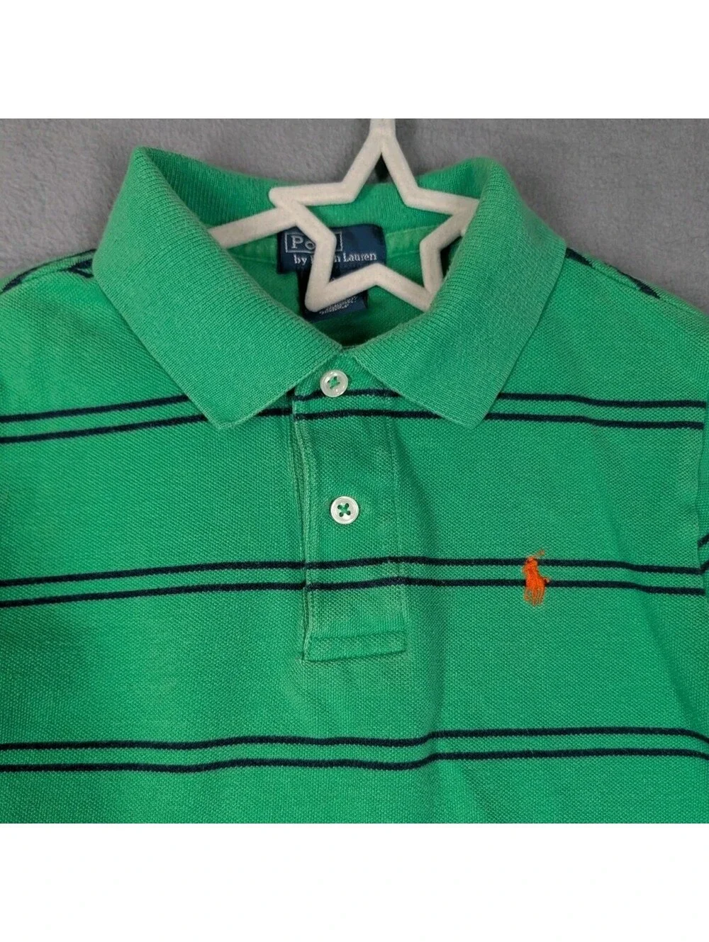 Polo Ralph Lauren Boys M 10/12 Green Striped Cotton Mesh Polo Shirt Preppy VTG